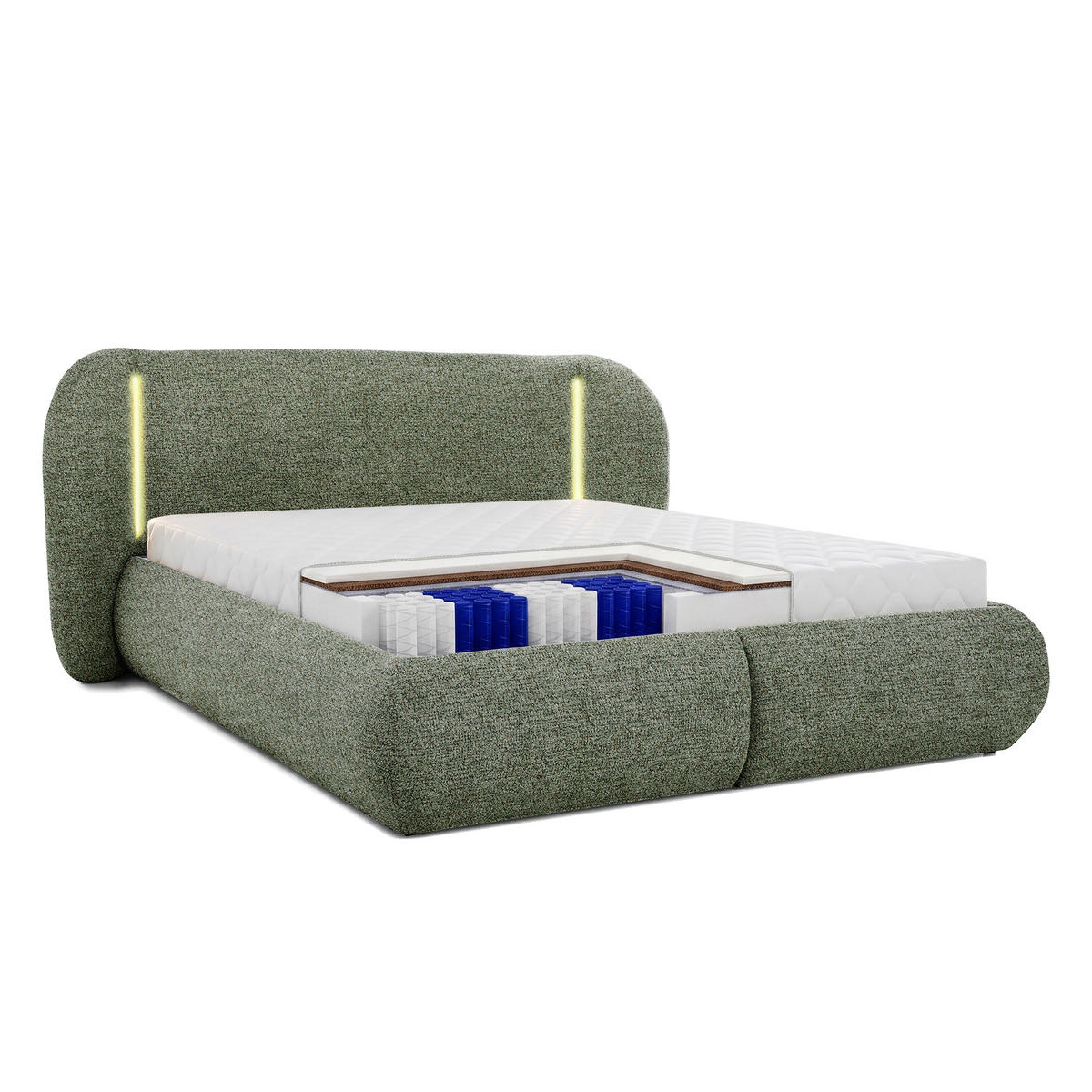 POLSTERBETT Corfu, LED-Beleuchtung, Bettkasten und Taschenfedernmatratze 26 cm, 180x200, Grün - Grün, Textil (180/200cm) - Beautysofa