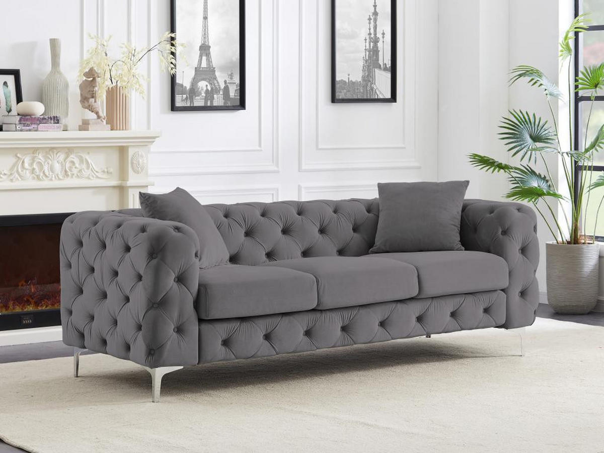 CHESTERFIELD-SOFA 3-Sitzer - Anthrazit - Samt - EDWINA - Anthrazit, Textil (91/76/220cm) - Vente-Unique