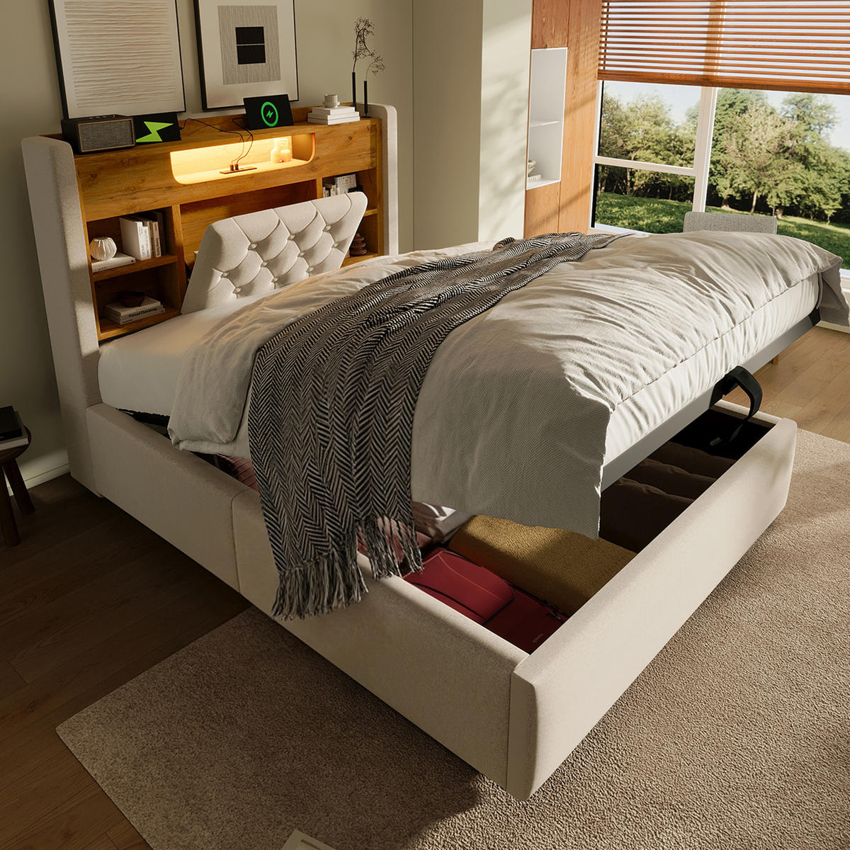 BETT mit Bettkasten 90x200 cm Leinen Beige - Beige, Metall (90/200cm) - Meubliv