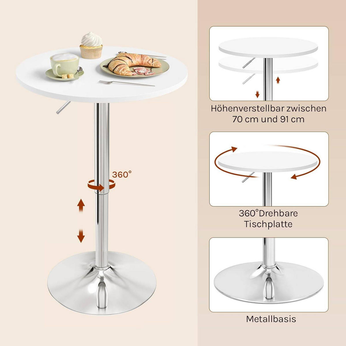 BARTISCH Stehtisch, Bistrotisch aus MDF Metall, 60x60x91cm - Weiß, Holzwerkstoff/Metall (60/60/91cm) - Woltu