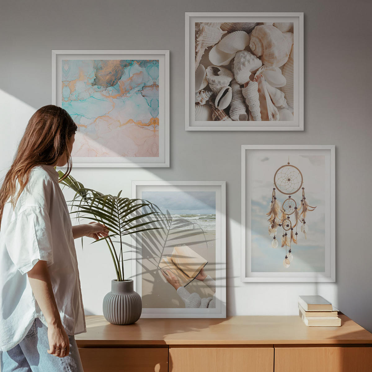 WANDBILDER 4er-Set - 50x50 cm & 40x60 cm Weißer Rahmen - Boho-Buch mit Muscheln - Weiß, Kunststoff (50/50cm) - ArtPrintCave