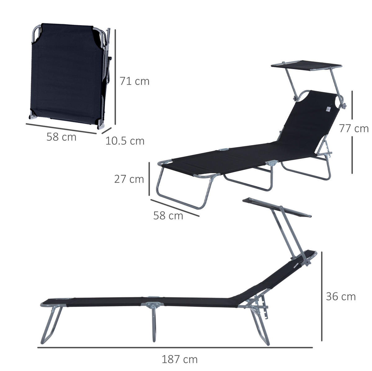 SONNENLIEGE aus Metall 187x58x36 cm in Schwarz mit verstellbarem Sonnendach - Schwarz, Metall (58/36/187cm) - Modfu