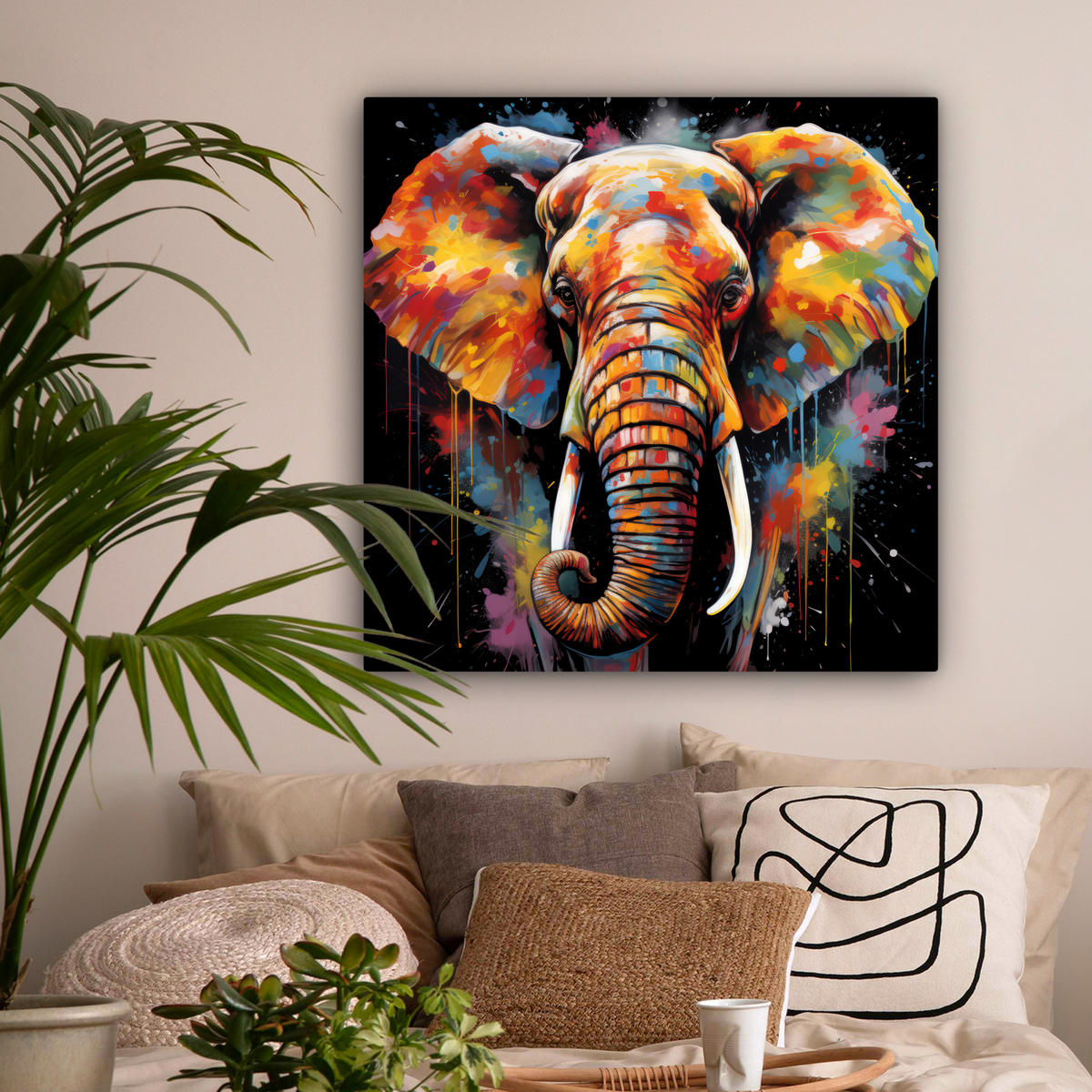 LEINWANDBILD Elefant - Graffiti - Schwarz - Tiere - Farben 90x90 cm - Schwarz, Textil (90/90cm) - MuchoWow