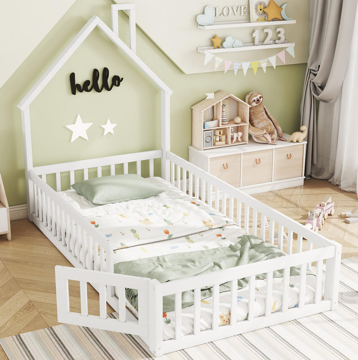 KINDERBETT Kindereinzelbetten 90/200 cm mit Lattenrost, Schornstein-Design und Sicherheitsgitter aus Kiefer und MDF, Weiß - Weiß, Holzwerkstoff (90/200cm) - Redom