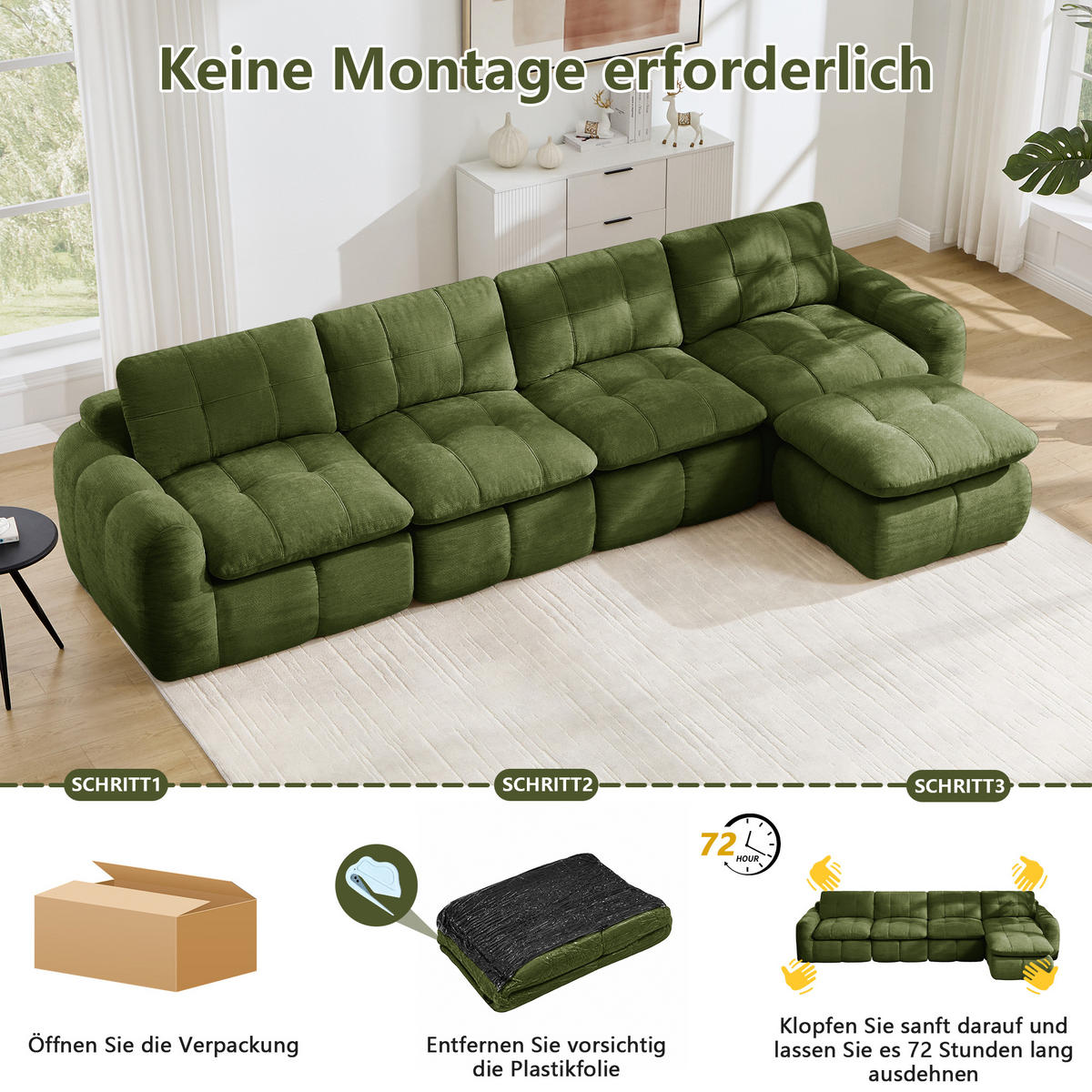 ECKSOFA 334/160/68 cm Grün Chenille mit 1 Fußhocker - Grün, Textil (334/160cm) - Oxeza