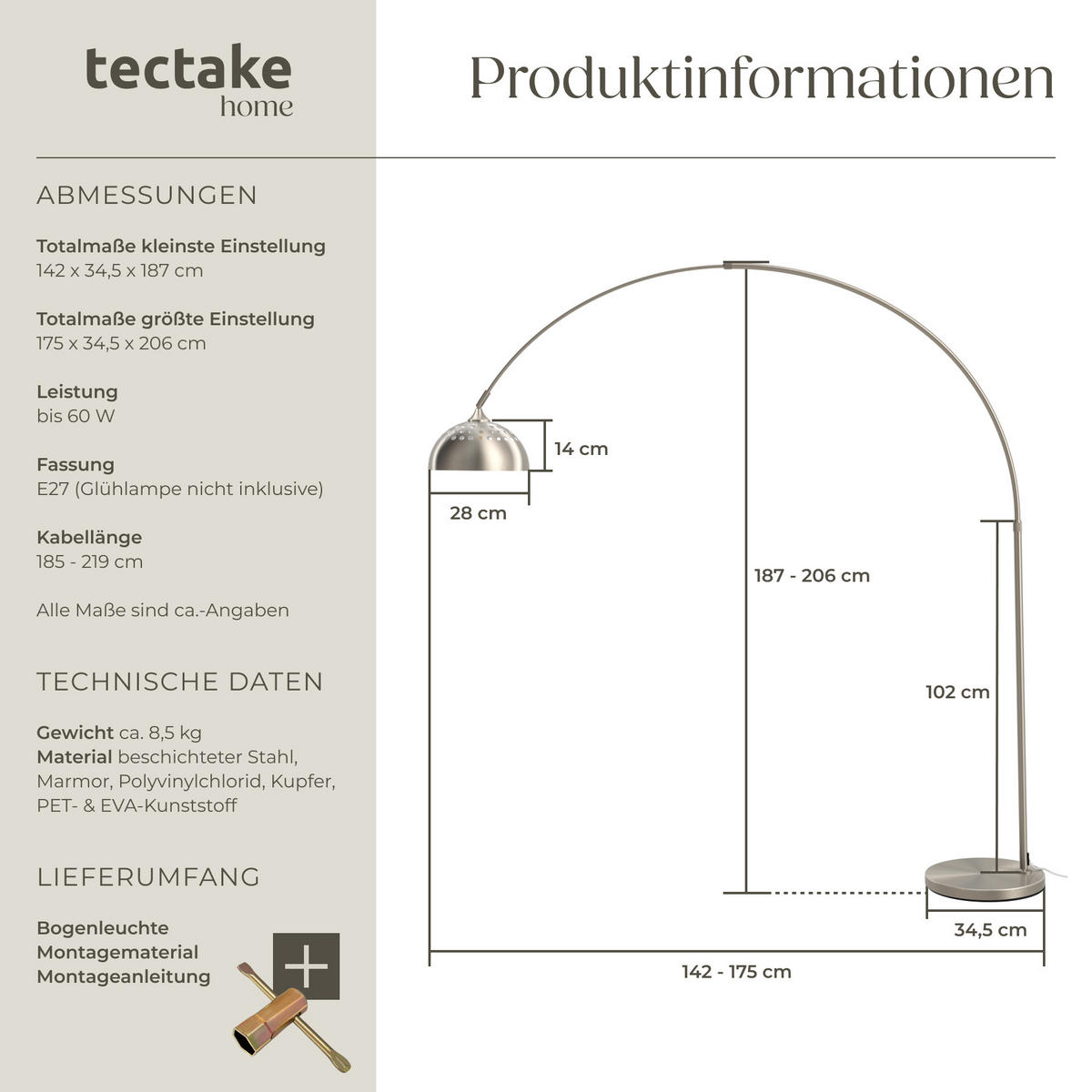 BOGENLEUCHTE Arcus,höhenverstellbar 187 - 206 cm,Nickel matt - Nickelfarben, Metall (175/34.5/206cm) - tectake