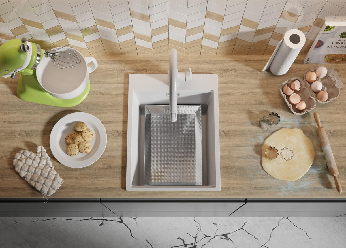 SPÜLBECKEN Oslo, 2-er set Alles Weiß 38/50 cm 1 Becken + Ablauf-Set + Schneidebrett ab 40er Unterschrank - Beige/Weiß, Kunststoff (38/20/50cm) - Primagran