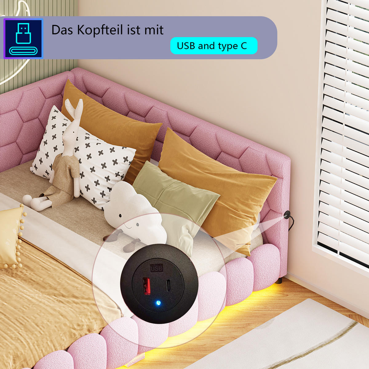 SCHLAFSOFA Lammwolle rosa mit LED-Beleuchtung, USB & Type-C Ladeanschluss, gepolsterter Eckkopfteil - Dunkelrosa, Metall (151.5/67.5/210cm) - Joyfair