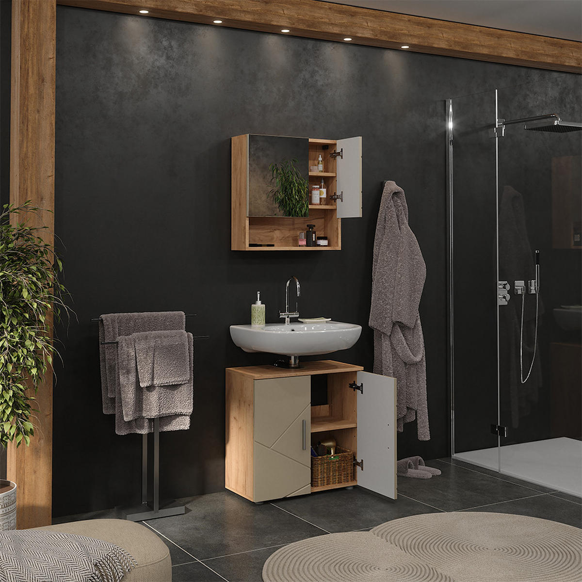 BADMÖBEL-SET Irma Goldkraft Eiche 2 Teile - Honigeiche/Beige, Holzwerkstoff (60/59/30cm) - Vicco