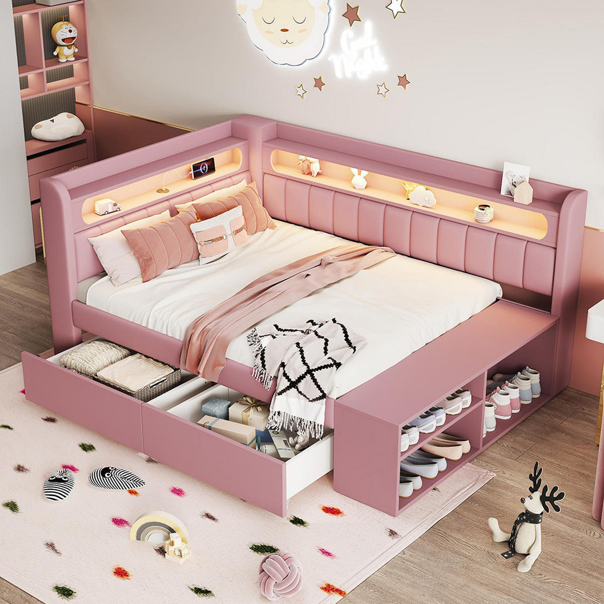 POLSTERBETT 90x200cm, inklusive Schuhschrank und zwei Schubladen, Rosa - Pink, Holz (90/200cm) - KOMHTOM