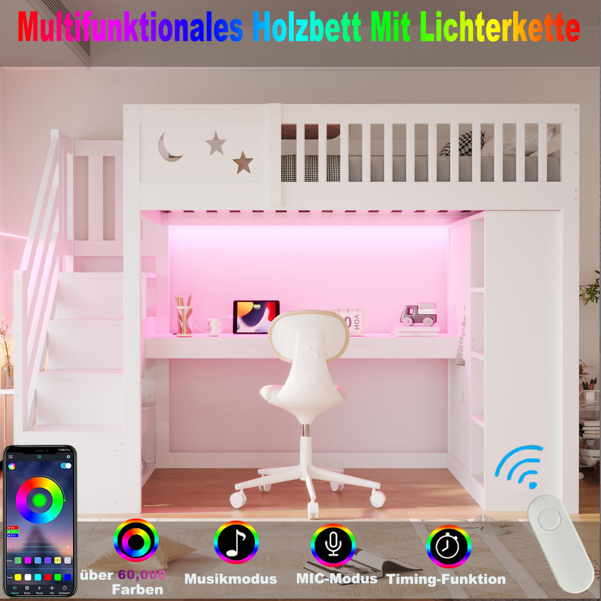 HOCHBETT aus Massivholz 90x200 cm Weiß mit Schreibtisch, LED-Beleuchtung, Steckdosen und Stauraumtreppe - Weiß, Holz (90/200cm) - Modfu