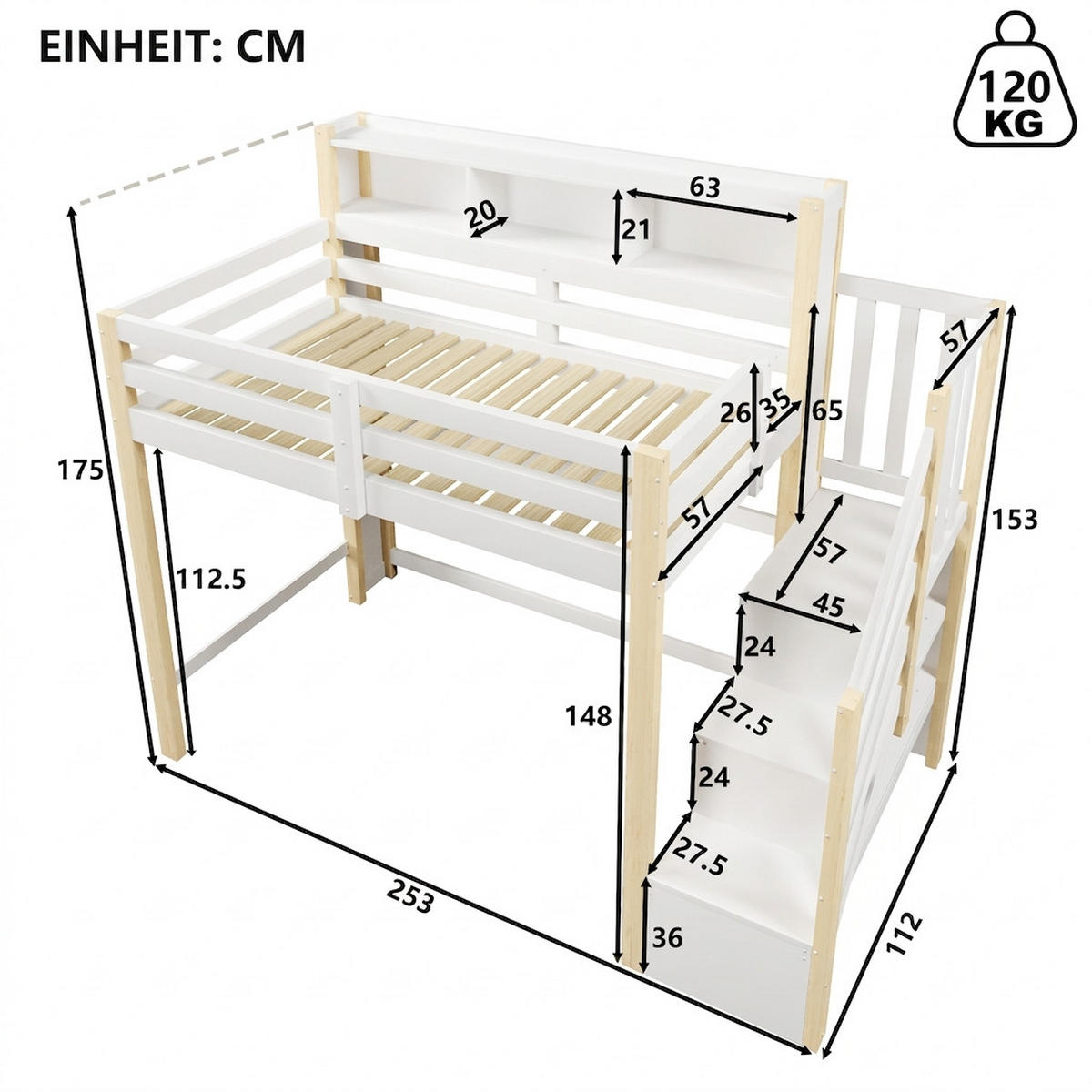 HOCHBETT 90/200 cm Weiß + Natur mit LED-Leuchten, Stauraumtreppe, offenem Staufach - Weiß, Holz (90/200cm) - Oxeza