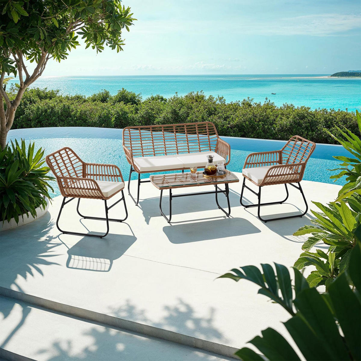 RATTAN-SITZGRUPPE Molfetta Xl,höhenverstellbare Kunststofffüße,natur - Naturfarben, Kunststoff - tectake