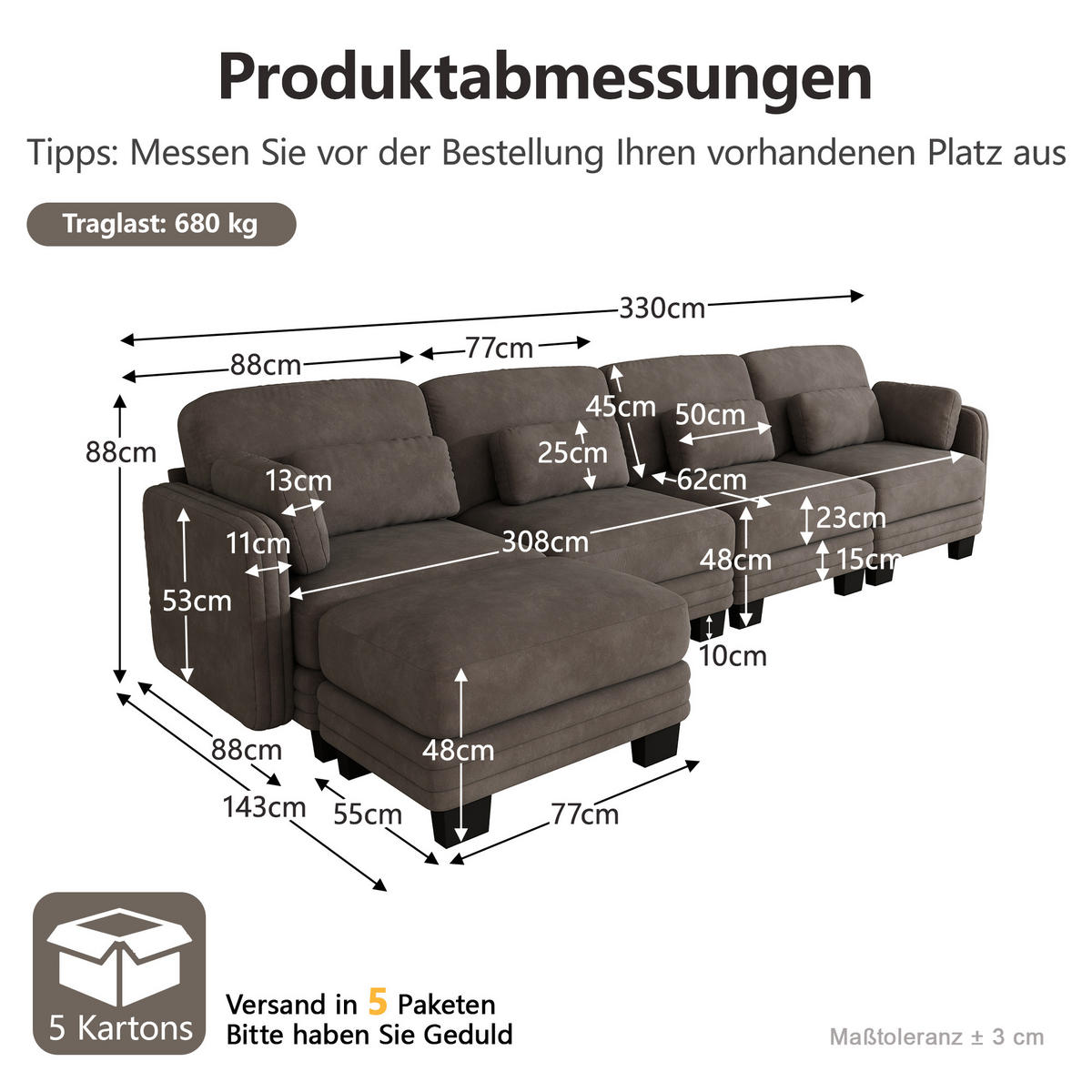 ECKSOFA L-Form 4-Sitzer modular mit Ottomane, DE-42686, Braun - Braun, Holz (330/143cm) - ComfortXL