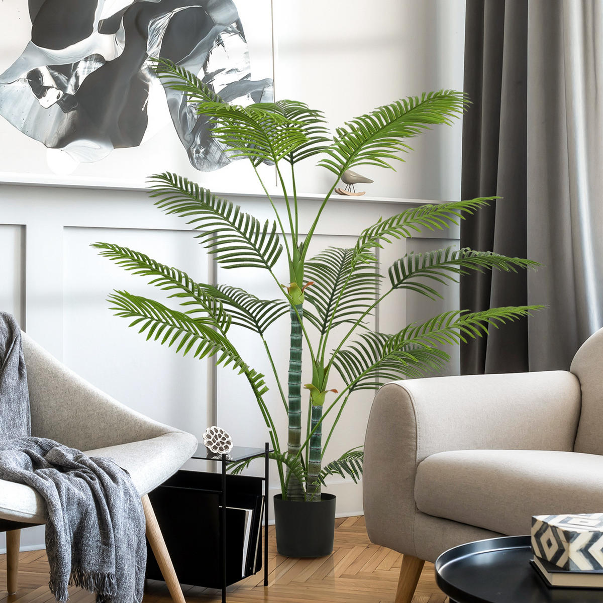 KÜNSTLICHE Palme groß 175 cm Kunstpflanze im Topf mit UV-Schutz für Garten - Schwarz/Grün, Kunststoff (175cm) - HOMCOM