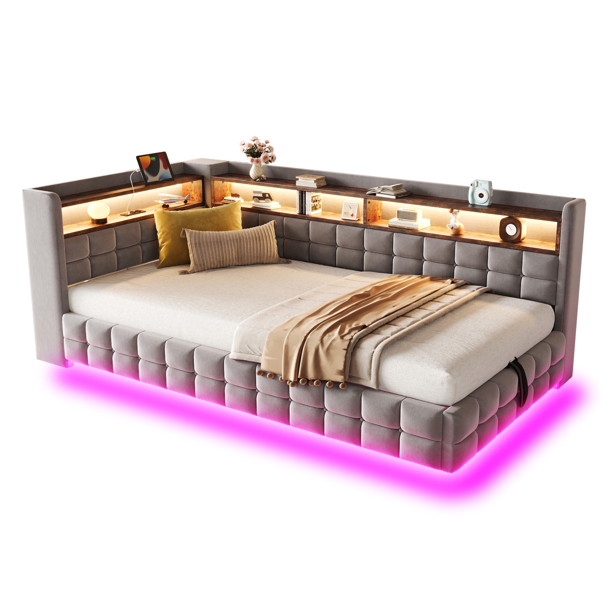 WISHDOR ČALOUNĚNÁ POSTEL 90x200 cm ve Světle Šedém Sametu s Úložným Prostorem, Regálem, LED, USB a Type-C