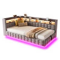 SCHLAFSOFA 90/200 cm in Hellgrau Samt mit Stauraum, Regal, LED, USB und Type-C - Hellgrau, Holzwerkstoff/Textil (90/200cm) - WISHDOR