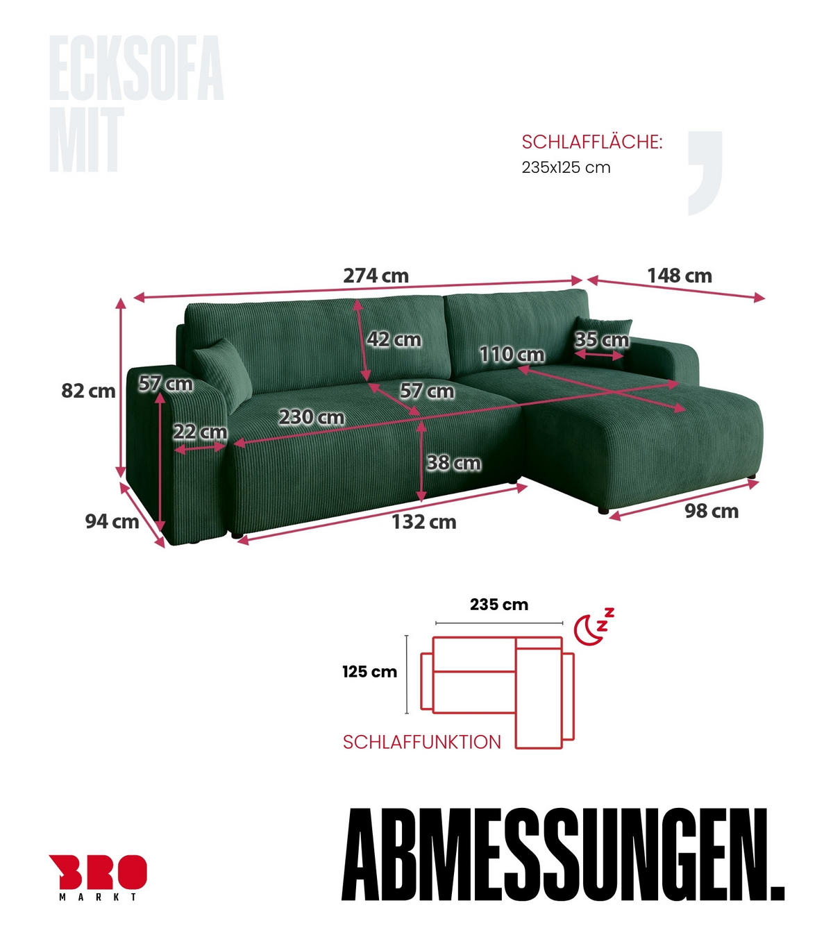 ECKSOFA PUMI XL mit Schlaffunktion Dunkelgrün Cord - Dunkelgrün, Textil (274/148cm) - Bromarkt