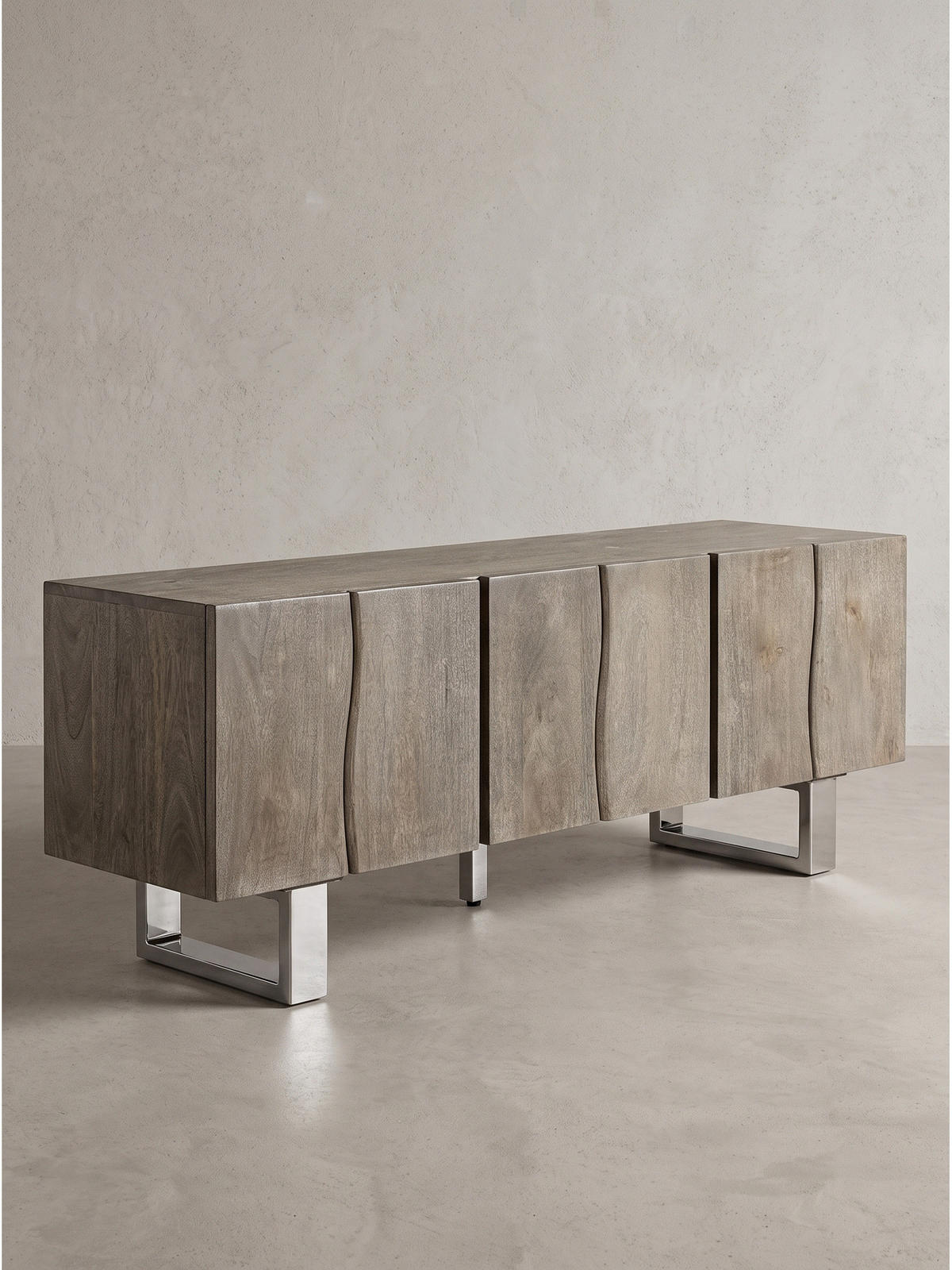 LOWBOARD GRIPSHOLM, Akazie Massivholz, handgefertigt, Akazie-Grau, 160 x 46 x 56 cm - Chromfarben/Grau, Holz/Metall (160/56/46cm) - KADIMA DESIGN