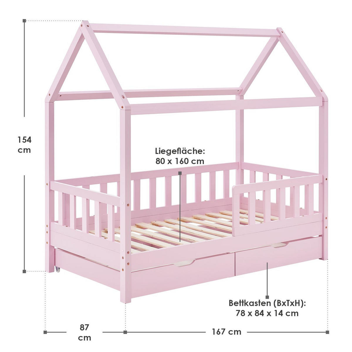 KINDERBETT Marli rosa 80x160 cm mit Bettkasten - Rosa, Holz (80/160cm) - Juskys