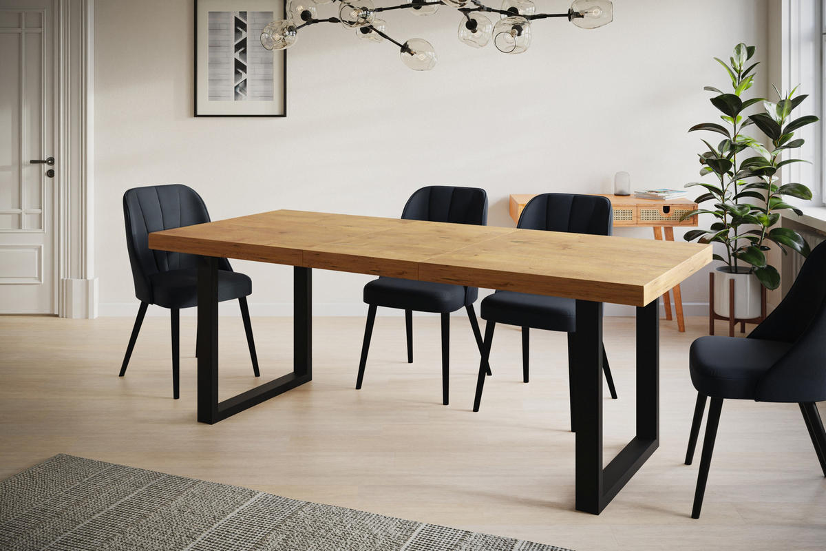 ESSZIMMERTISCH LOFT-U, ausziehbarer Tisch 120-220X80X77 cm, Farbe: LANCELOT, mit Metallbeinen in Farbe Schwarz - Beige/Schwarz, Holzwerkstoff (120/80/77cm) - Alpi-Möbel