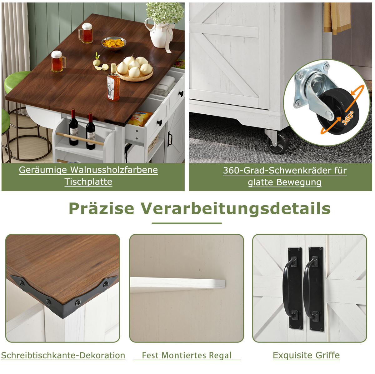 KÜCHENINSEL 140/45/94 cm aus MDF mit klappbarer Arbeitsplatte Beige - Weiß, Holzwerkstoff (140/94/73cm) - Modenvie