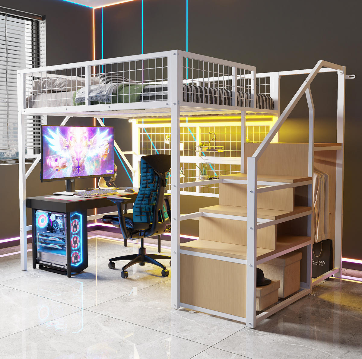 HOCHBETT 140/200 cm aus Metall/MDF mit Stauraumtreppe und App-gesteuerter LED-Beleuchtung Weiß - Weiß, Metall (140/200cm) - Modenvie