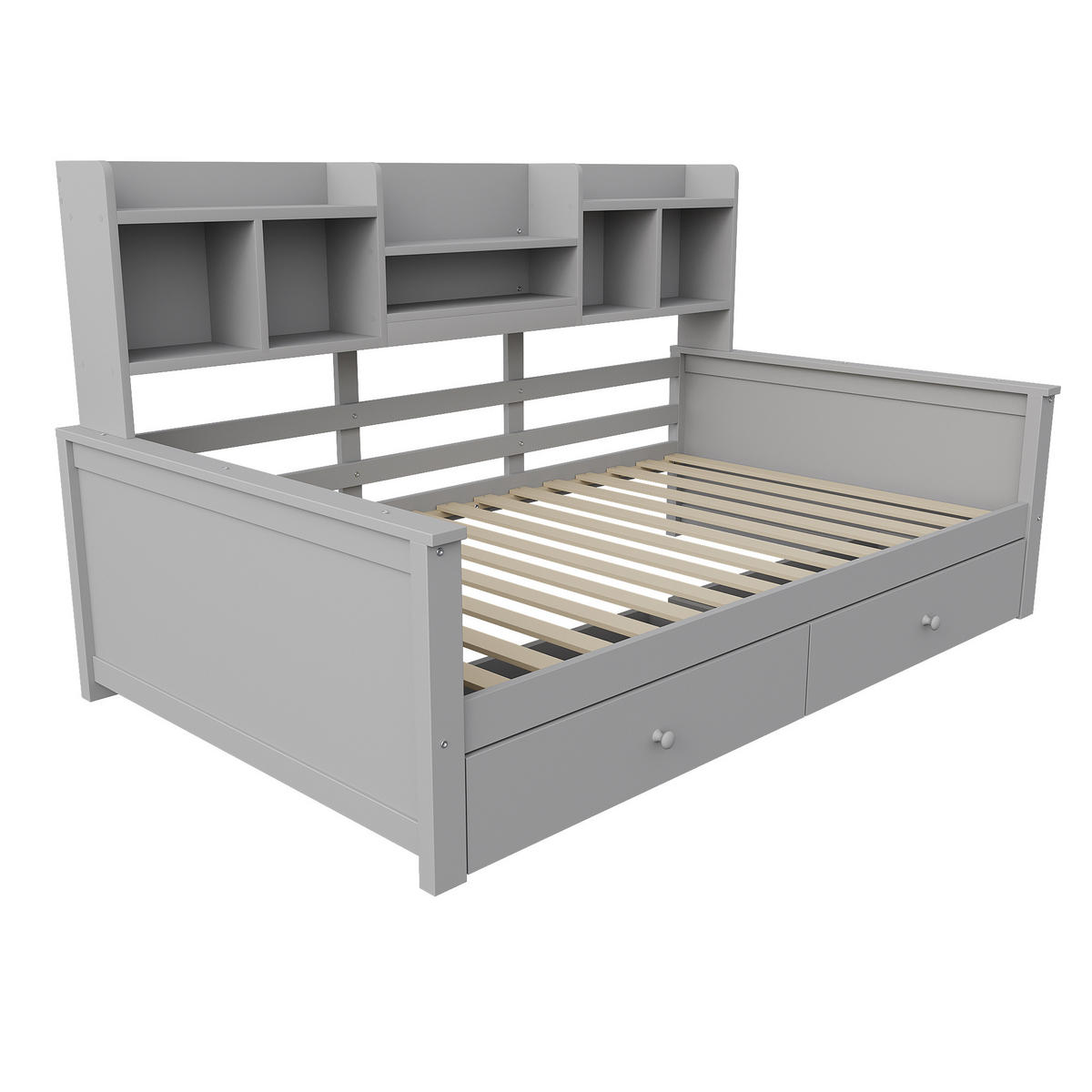 MULTIFUNKTIONSBETT 90/200 cm grau aus Massivholz mit Schubladen und Regalfächern - Grau, Holzwerkstoff (90/200cm) - OKWISH