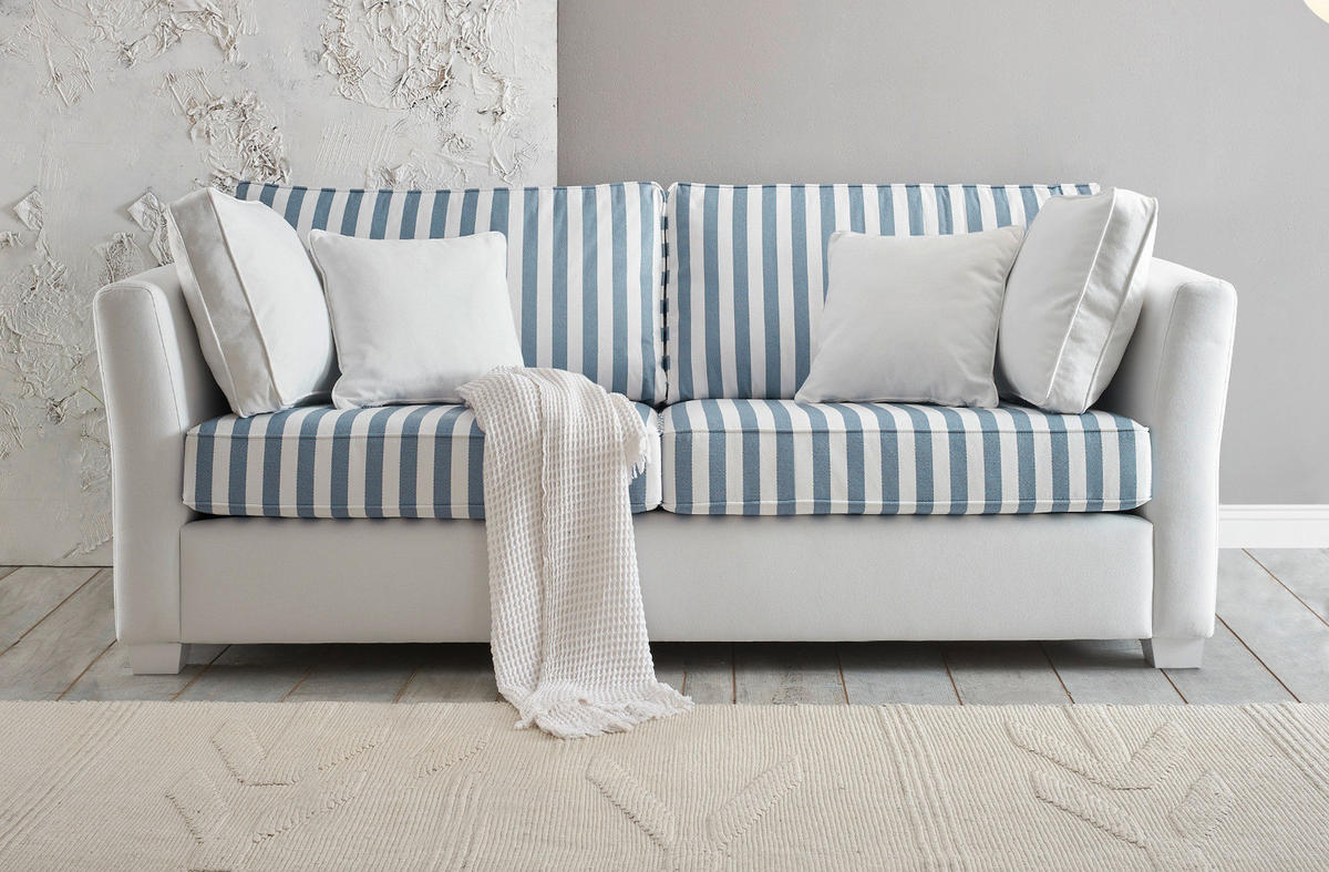 SOFA 2,5-Sitzer creme blau gestreift, Landhaus 200 cm, Couch inklusive 4 Kissen - Blau/Creme, Holz/Textil (200/88/96cm) - Furn.Design