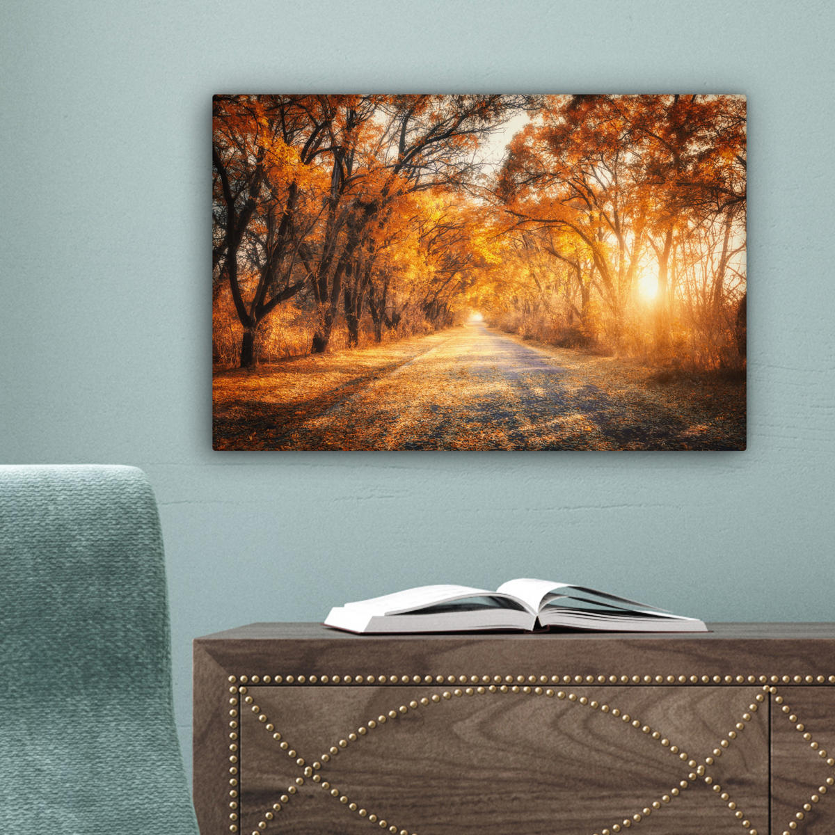 LEINWANDBILD Wald - Herbst - Bäume - Waldweg - Natur 30x20 cm - Bernsteinfarben, Textil (30/20cm) - MuchoWow