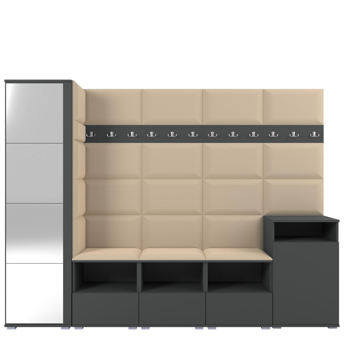 GARDEROBE NELA XI 250 cm (Modulare Flurmöbel Graphit mit Spiegel & Sitzpolster Beige 04 Großes Set) - Beige/Silberfarben, Holz/Holzwerkstoff (250/187/40cm) - Ravio