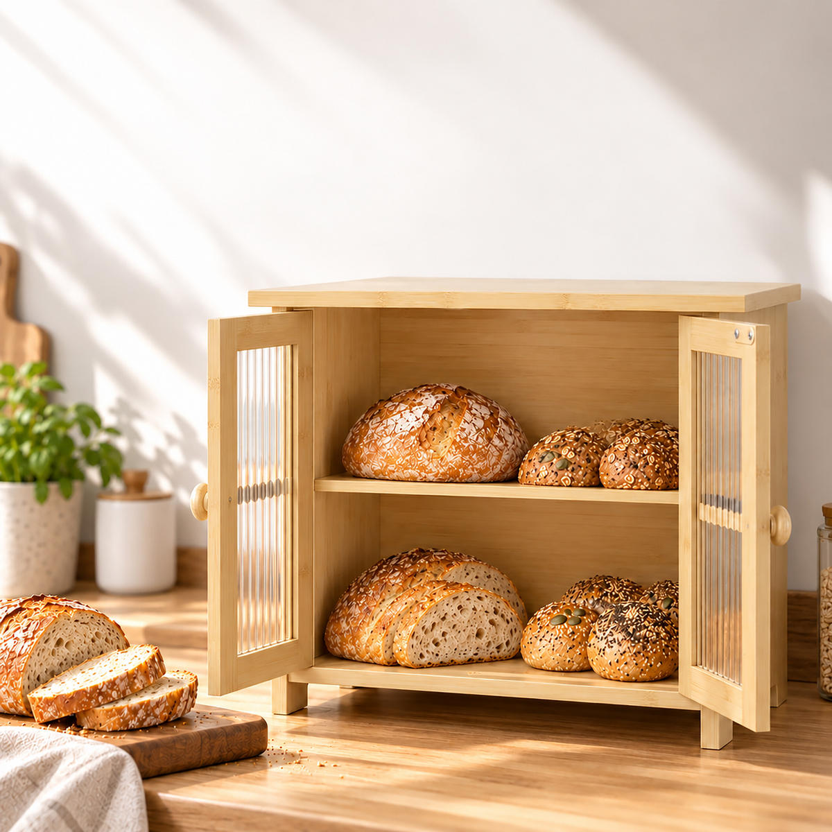 BROTKASTEN Natur Bambus 2 Etagen Sichtfenster 34x36x22 cm - Hellbraun, Holz/Kunststoff (36/34/22cm) - Relaxdays