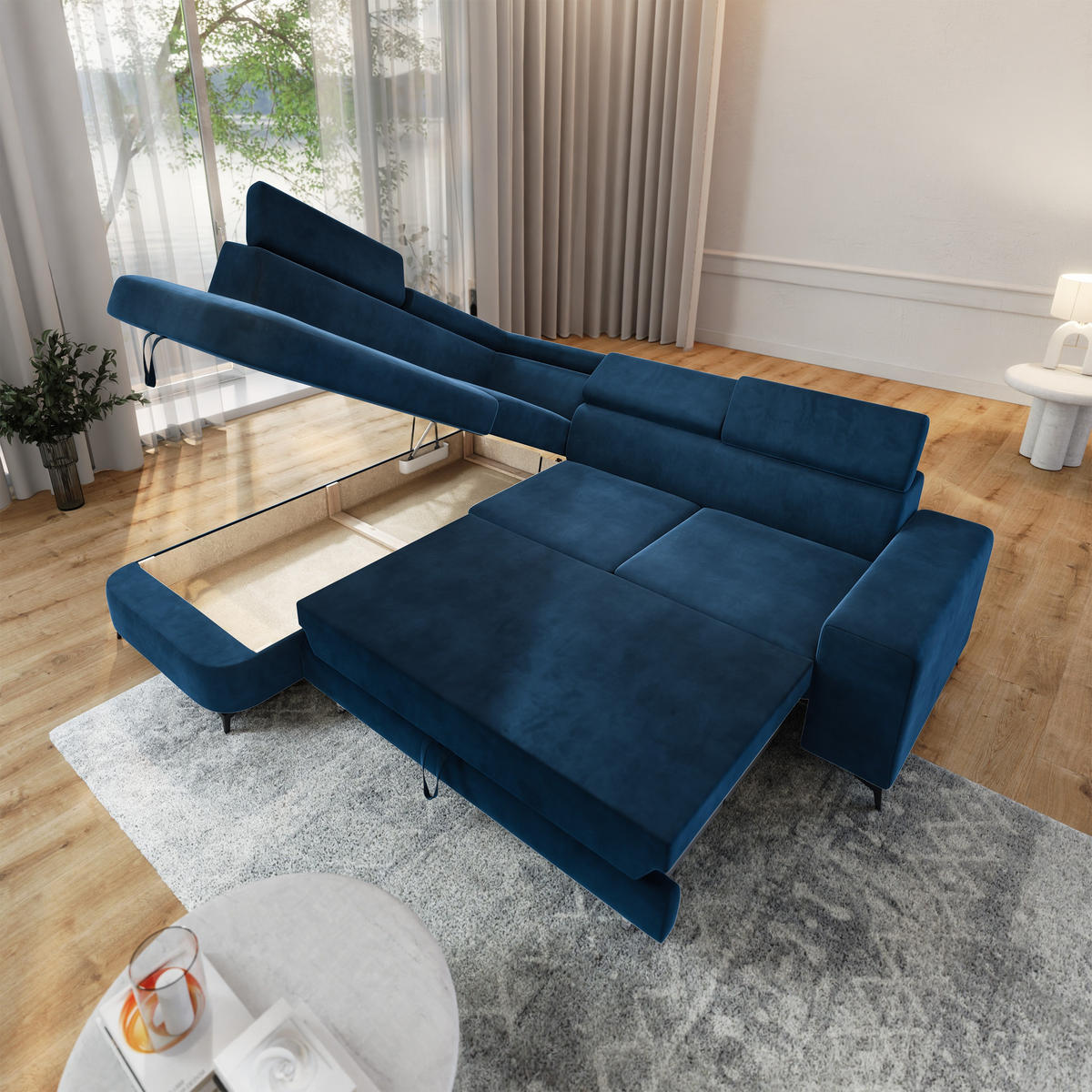 ECKSOFA ALVORO L-S Blau Velours-Stoff mit Schlaffunktion - Blau, Holz (253/190cm) - MASSENO