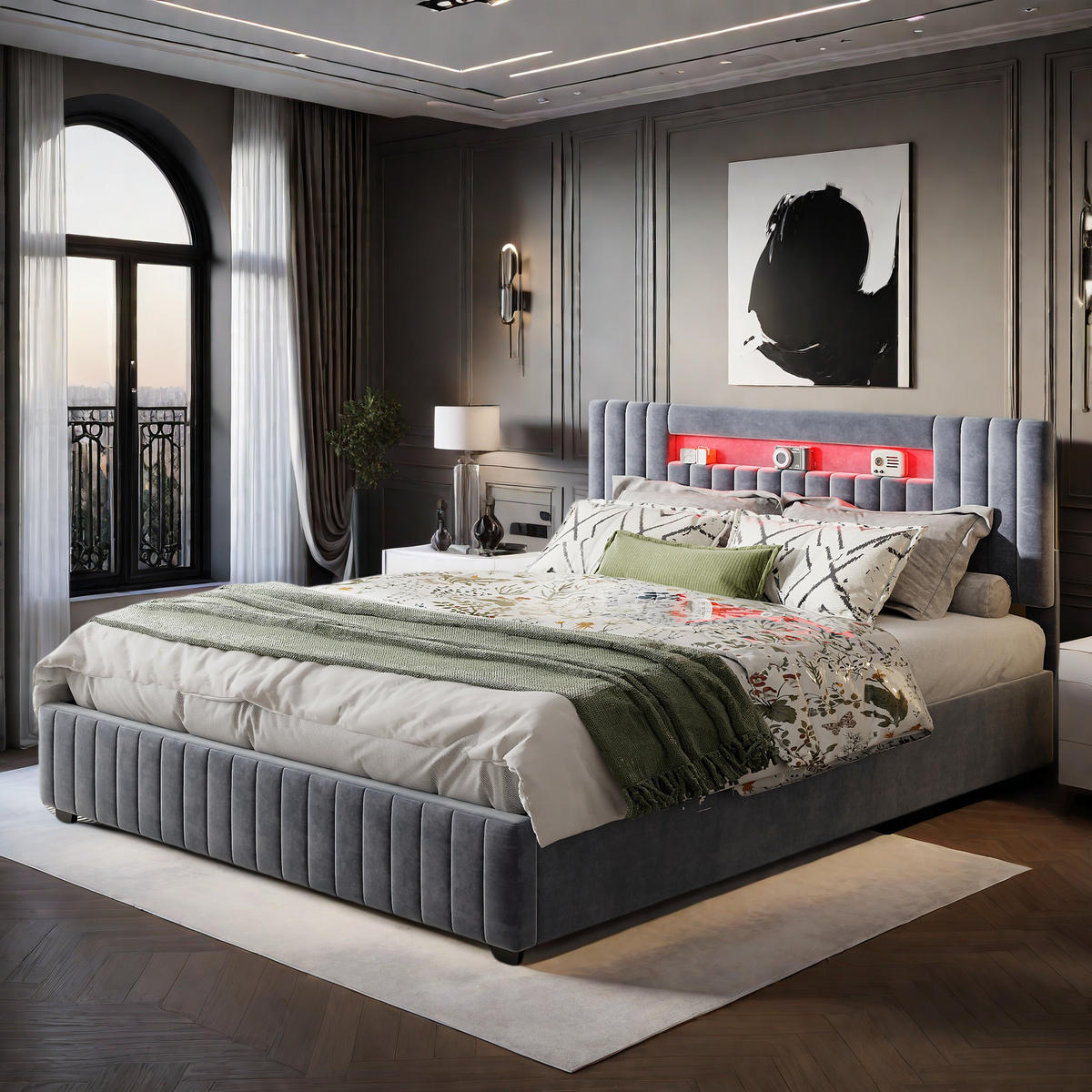 POLSTERBETT 140x200 cm Grau mit LED Stauraumkopfteil - Grau, Metall (140/200cm) - SHOPENTRA