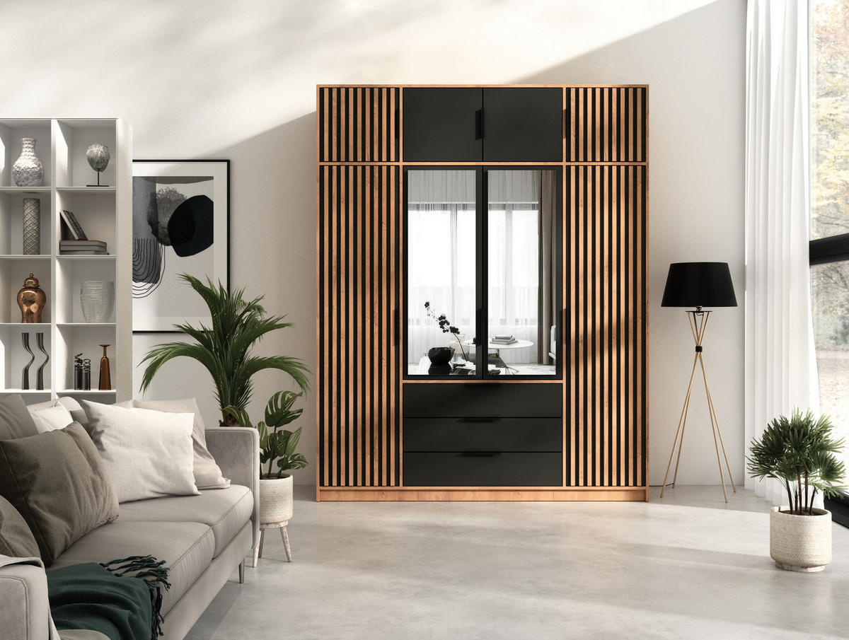 DREHTÜRENSCHRANK GAREN 196/200/57,5 cm 4-türig mit Spiegel Eiche Wotan - Eiche Wotan/Schwarz, Holzwerkstoff (196/200/57.5cm) - MASSENO