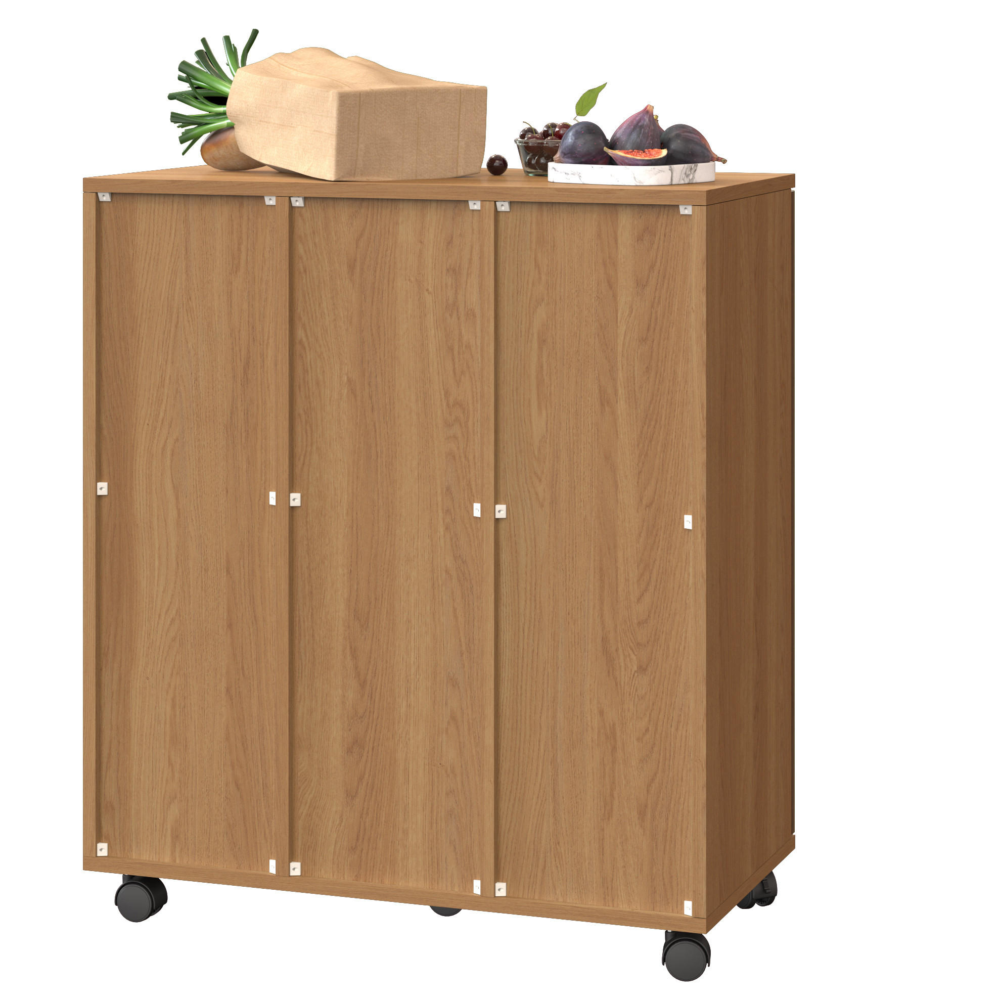 SKŘÍŇKA na třídění odpadu z MDF 69,3x35x80,3 cm přírodní na kolečkách se 3 přihrádkami a dvířky 180° - přírodní, kompozitní dřevo (70/80/35cm) - Modfu