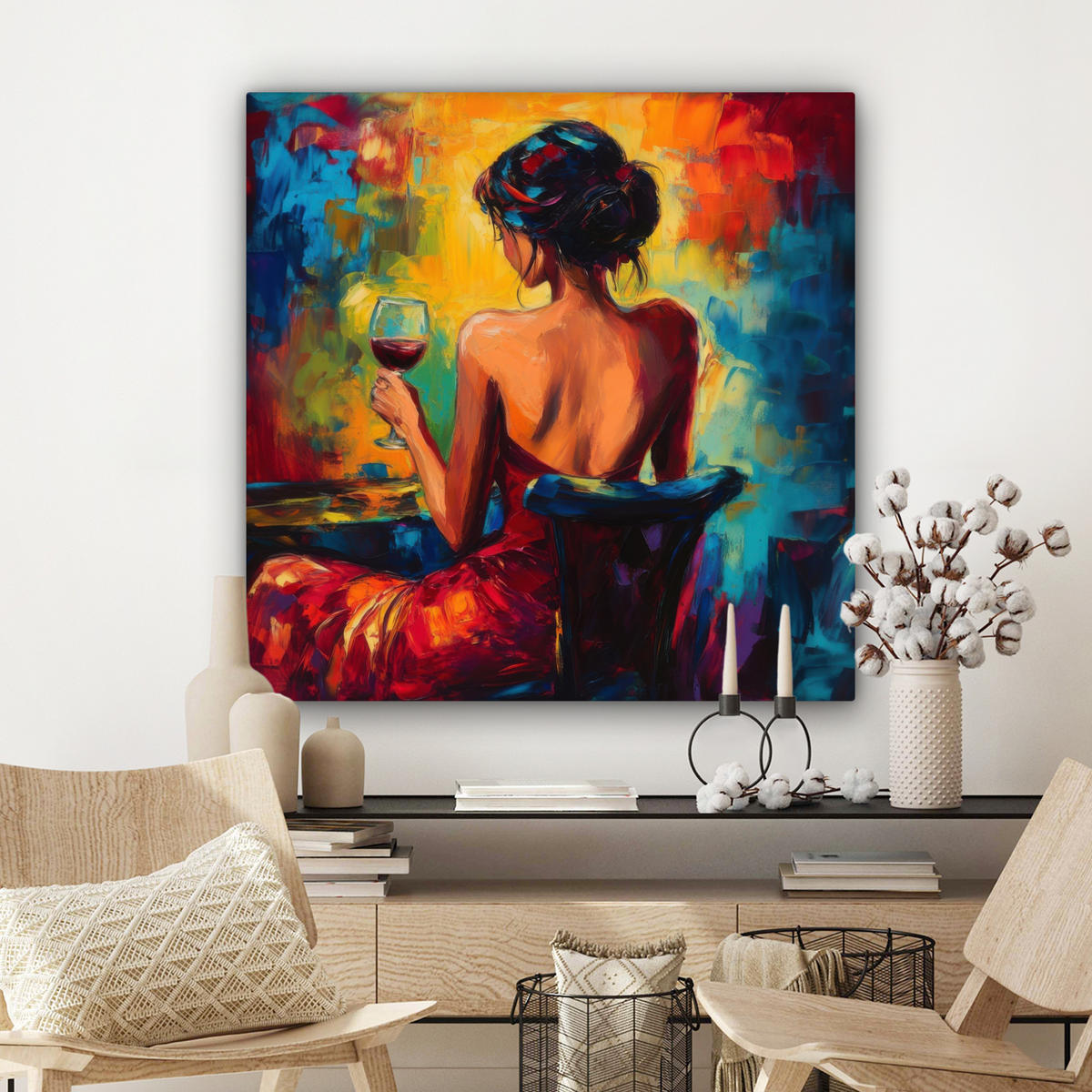 LEINWANDBILD Wein - Frau - Stimmungsvoll - Farbenfroh 90x90 cm - Bordeaux, Textil (90/90cm) - MuchoWow