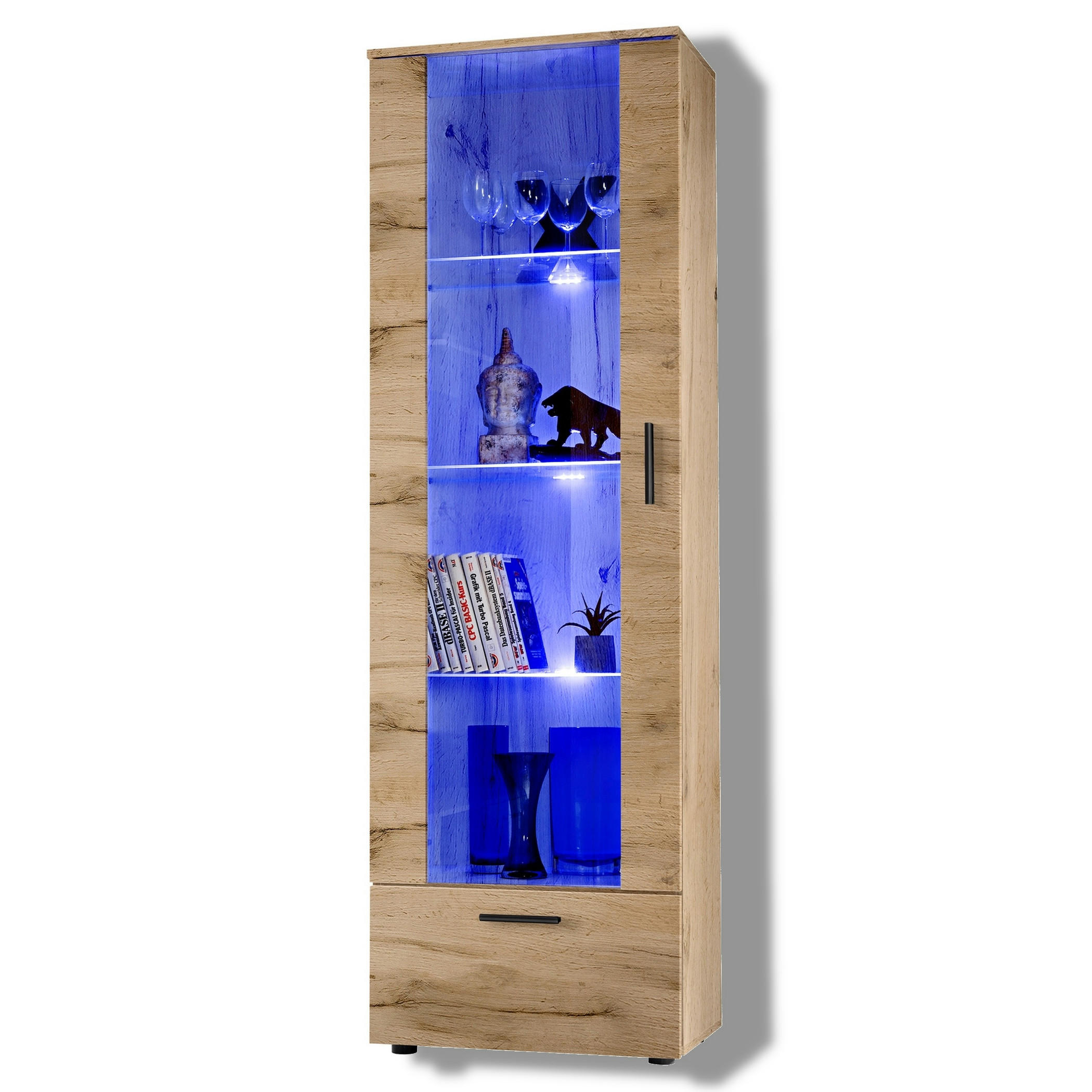 VITRINE ALESSANDRIA, Wotan, LED Blau - Eiche Wotan/Schwarz, Glas/Holzwerkstoff (60/192/42cm) - Komodee