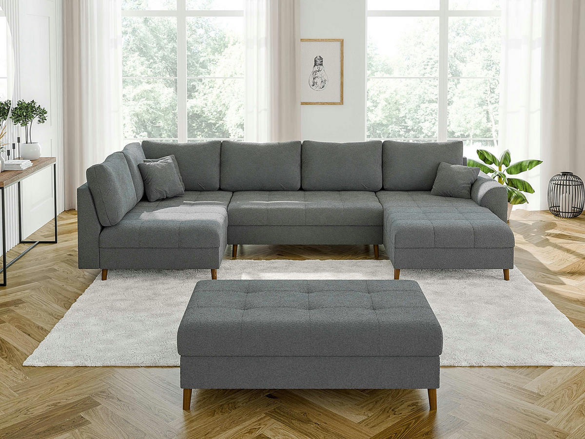 WOHNLANDSCHAFT inkl. Hocker Henrik Grau Boucle - Braun/Grau, Holz/Textil (310/81/161cm) - S-Style Möbel
