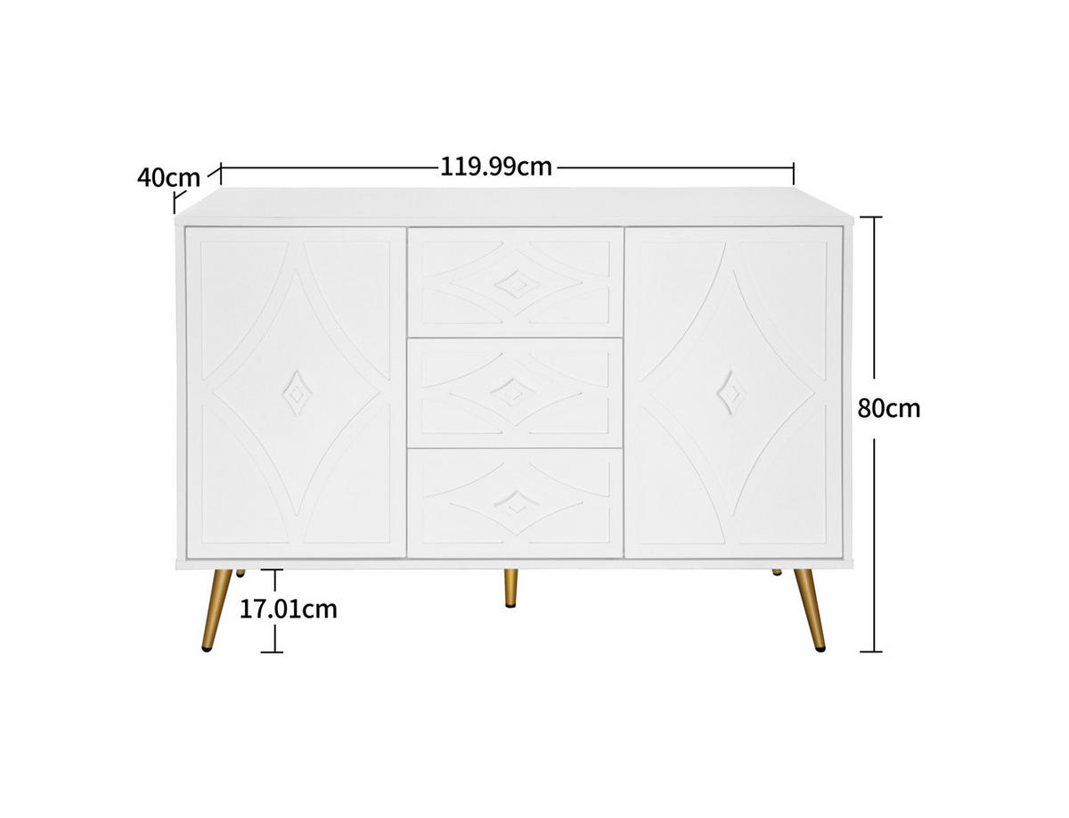 KOMMODE aus Holzwerkstoff 120x40x80 cm Weiß mit 3 Schubladen, 2 Türen und 3D-Rautenmuster - Weiß, Holzwerkstoff (120/80/40cm) - Modfu