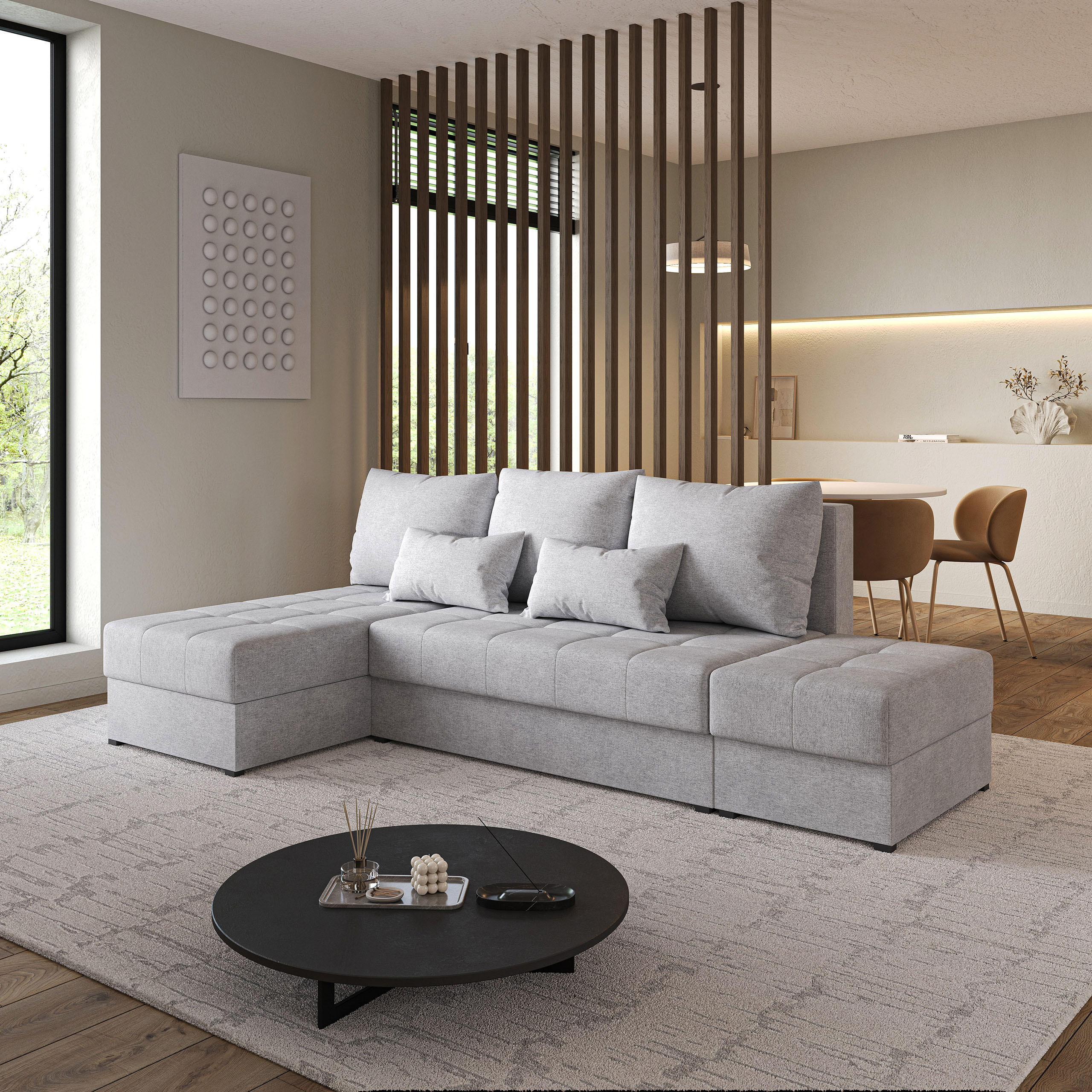 ECKSOFA NORVI Hellgrau Geflochtener Stoff mit Schlaffunktion - Hellgrau, Holz (251/143cm) - MASSENO