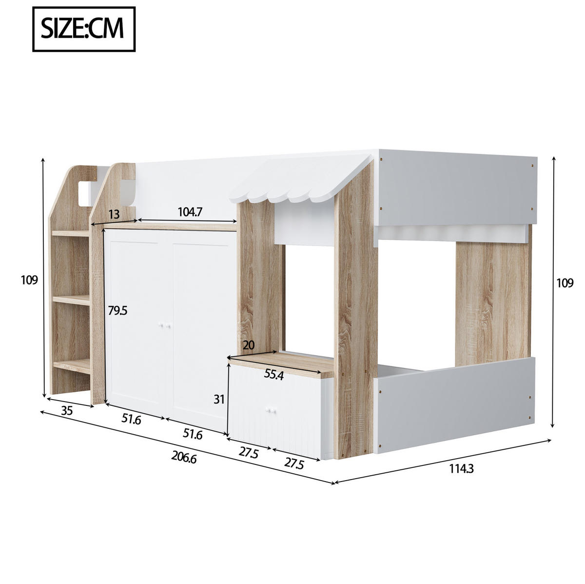 HOCHBETT mit Stauraum und Leiter 90x200 cm Weiß/Naturholz - Weiß, Holzwerkstoff (90/200cm) - Beauniv