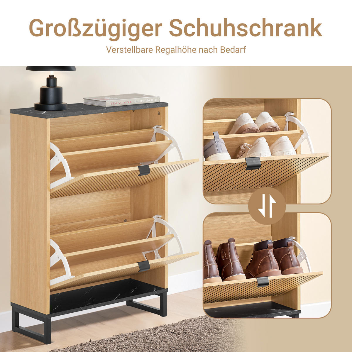 SCHUHSCHRANK Holzoptik & Schwarz mit Marmor - Naturfarben, Holzwerkstoff (60/88/24cm) - SoBuy