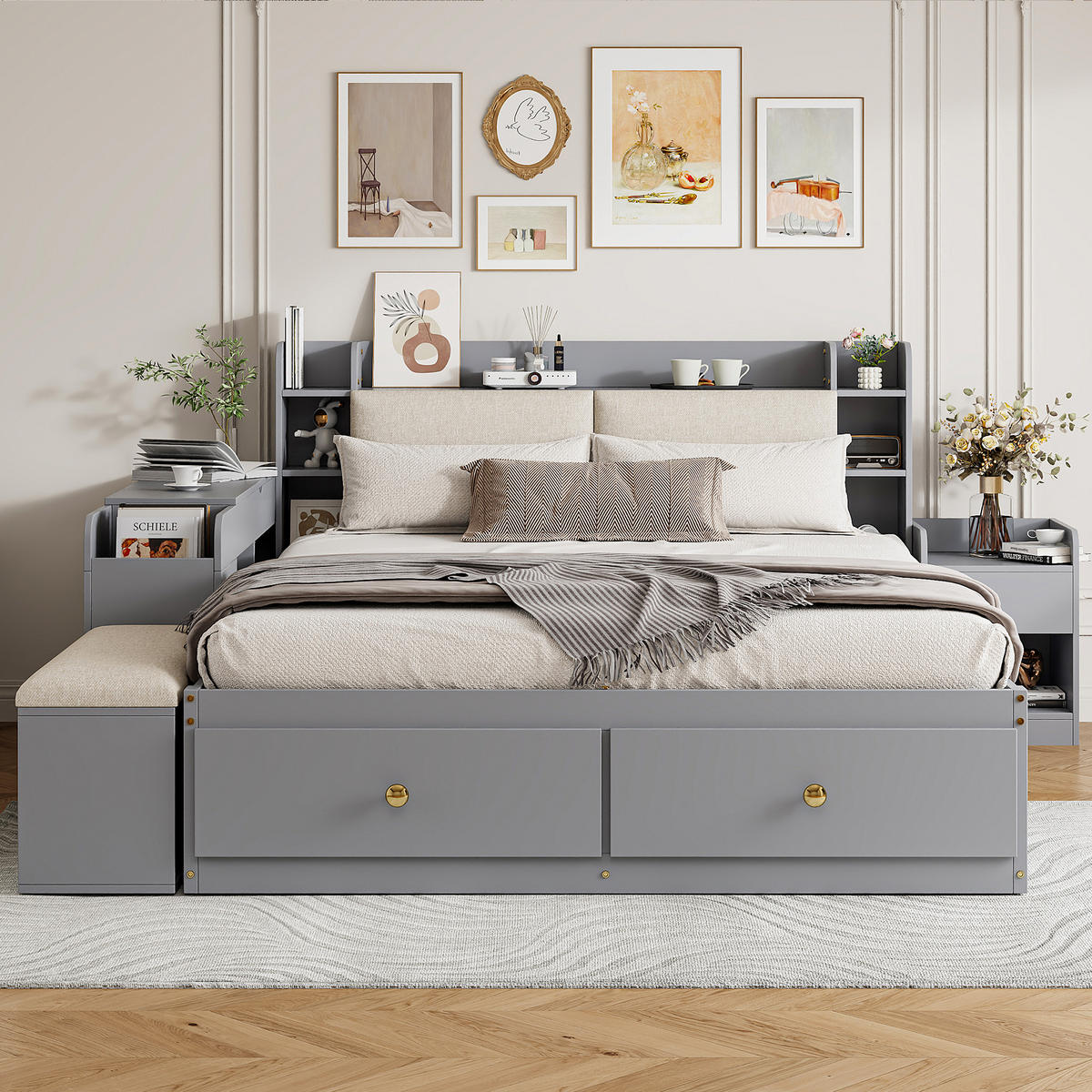 KOMBIBETT Massivholz 140/200 cm grau mit gepolstertem Kopfteil und Stauraum - Grau, Holz (140/200cm) - OKWISH