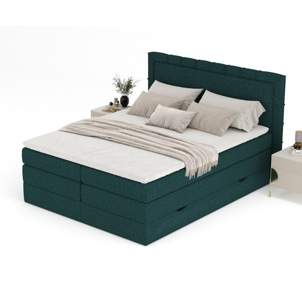 Thumbnail - Maison de Reve Boxspringbett, Grün, Textil, Buche, Kiefer, H3, Höhe ca. 37 cm, 140x200 cm, FSC 100%, Made in EU, Oeko-Te...