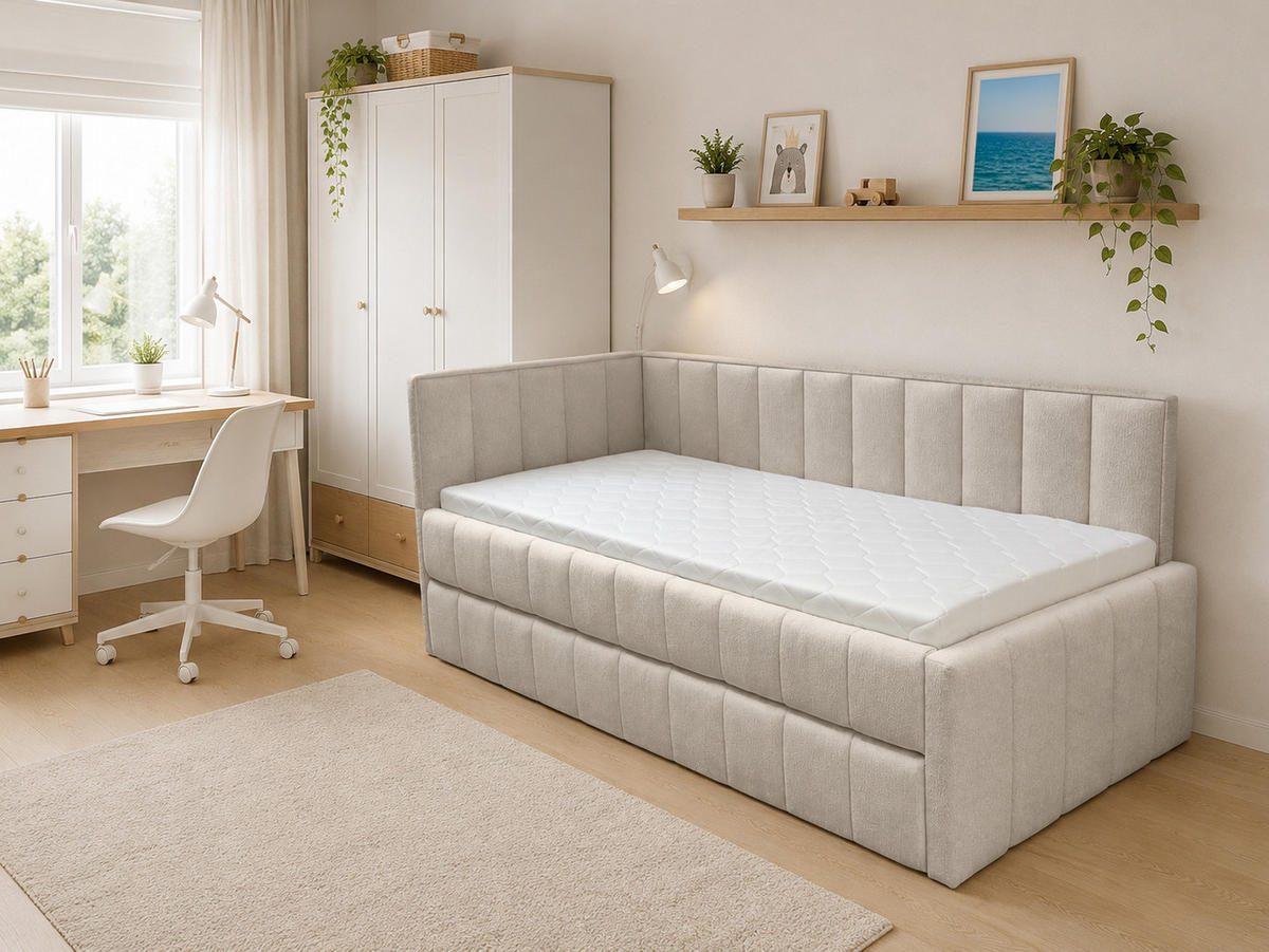 POLSTER-KINDERBETT LUKA 90x200 cm, links, mit Ausziehbett – Beige - Beige, Textil - KS Home Concept
