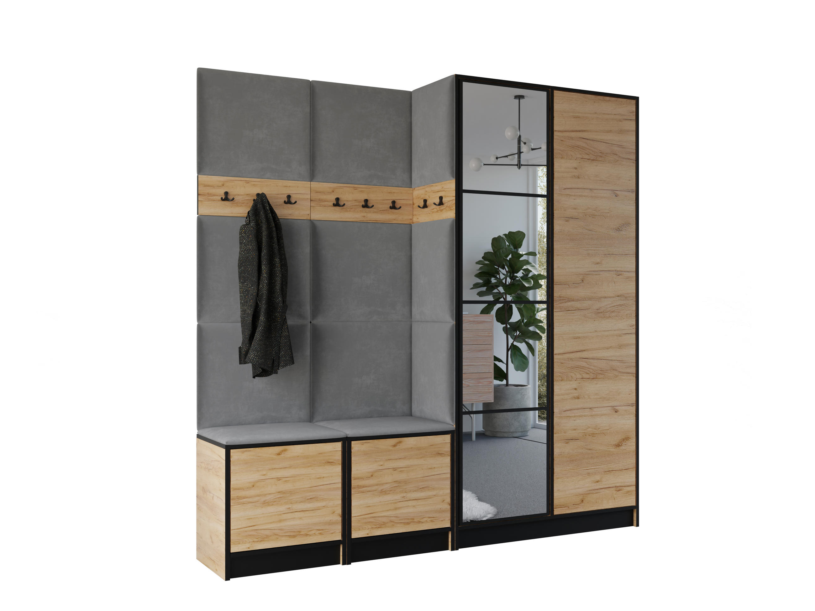 Kier Furniture ŠATNÍ SKŘÍŇ do předsíně EDEN 21 se zrcadlem - Dub Craft & šedá látka