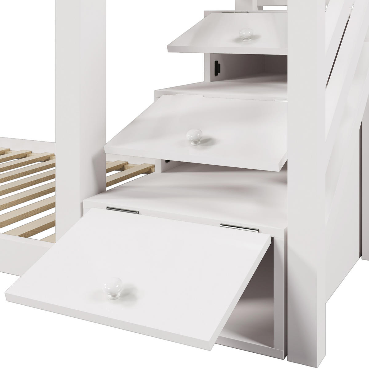 ETAGENBETT aus Kiefer-Massivholz und MDF 90x200 cm Weiß mit Rutsche und Stauraumtreppe - Weiß, Holzwerkstoff (90/200cm) - IVMEU