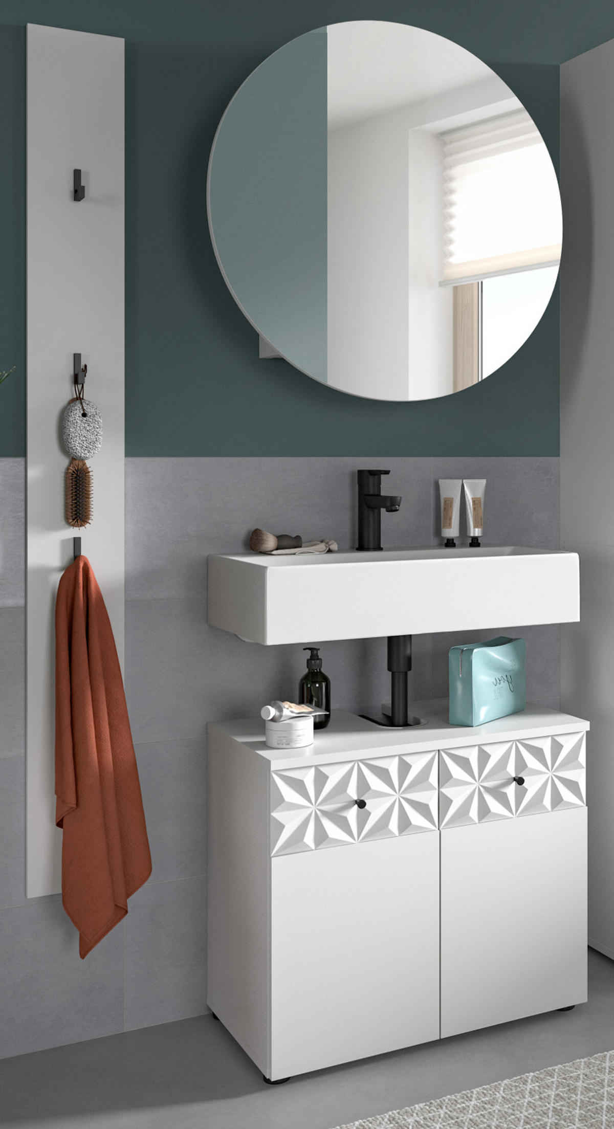 BADMÖBEL-SET weiß Hochglanz 3-teilig 100 cm, Komplettset mit 3D-Struktur - Weiß Hochglanz, Glas/Holzwerkstoff (101/187/37cm) - Inn.Furn