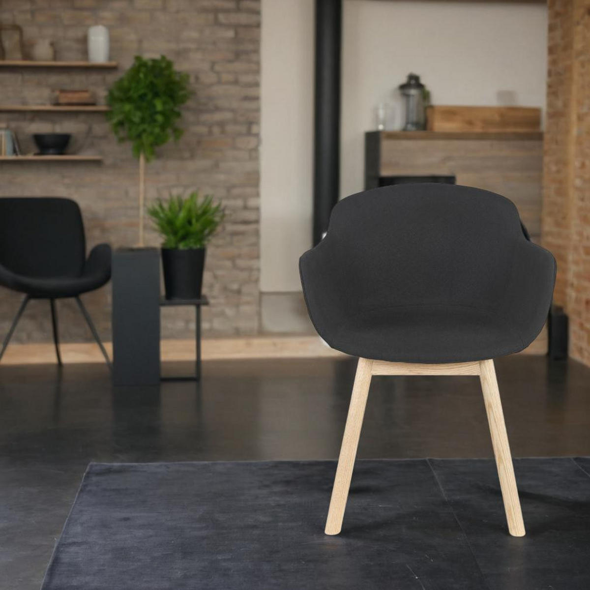 ESSZIMMERSTUHL Stoff mit Eichenbeinen und gepolsterten Armlehnen Ergonomisch, Schwarz 54x59x80 cm - Beige/Schwarz, Eichenholz/Textil (59/80/54cm) - KADIMA DESIGN
